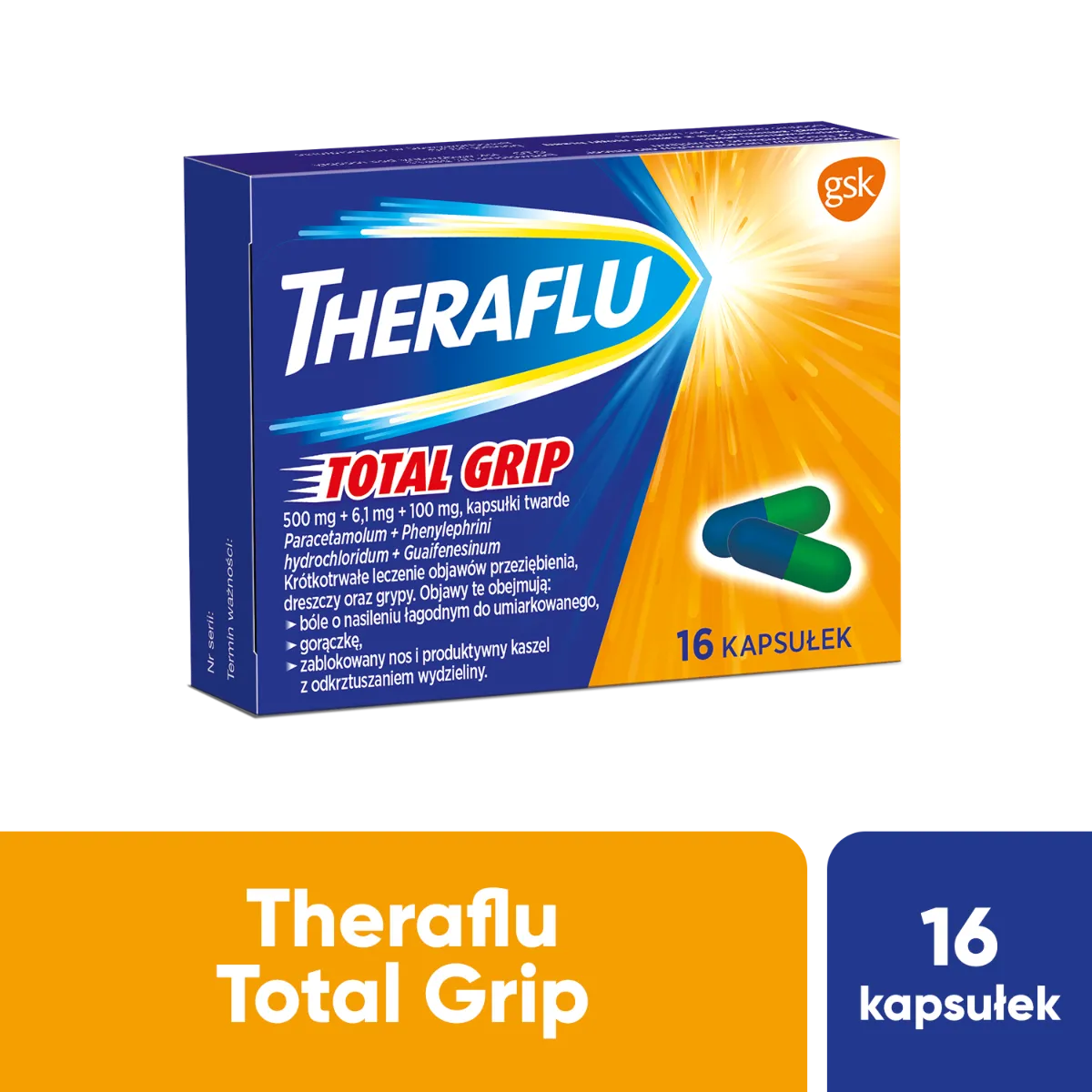 Theraflu Total Grip, 500 mg + 6,1 mg + 100 mg, 16 kapsułek