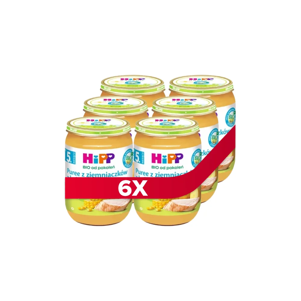 HiPP BIO od pokoleń obiadek puree z ziemniaczków z kukurydzą i indykiem po 5. miesiącu, 6 x 190 g