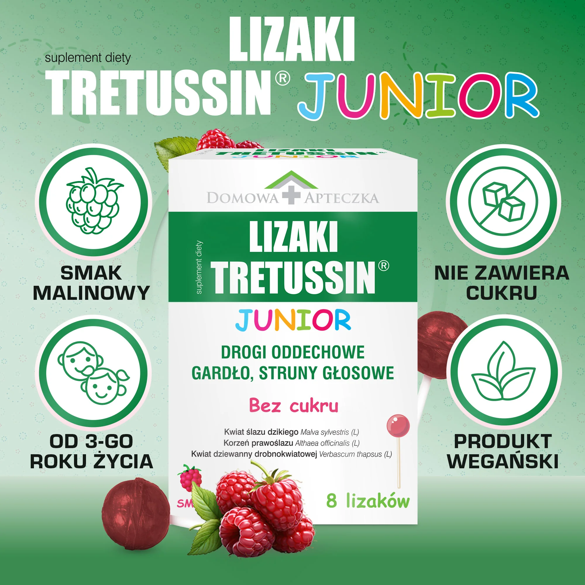 Domowa Apteczka Lizaki Tretussin Junior smak malinowy, 8 sztuk