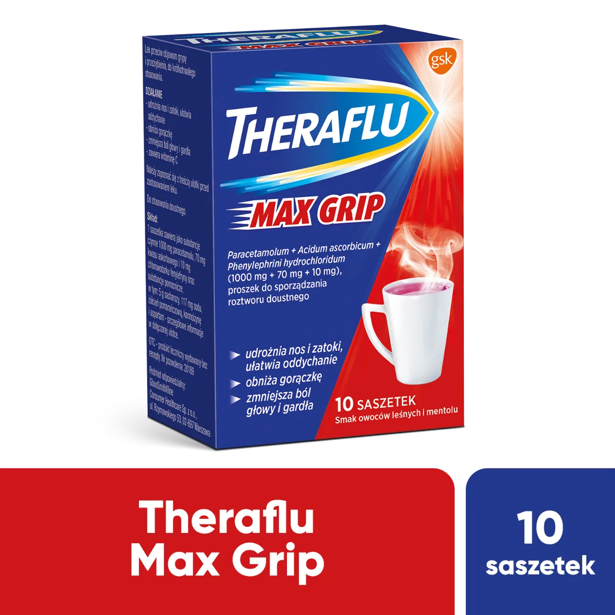 Theraflu Max Grip, 1000 mg + 70 mg + 10 mg, 10 saszetek