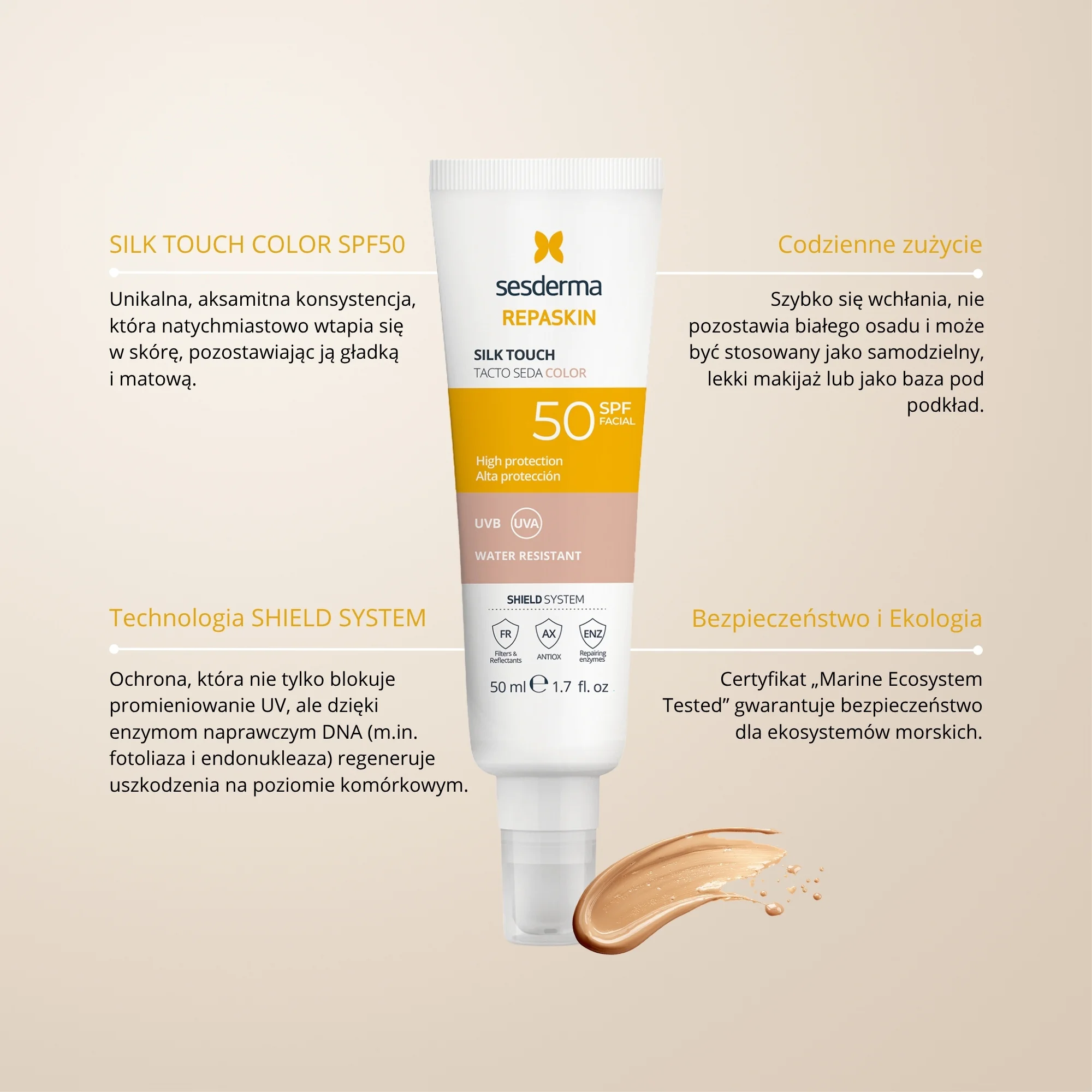 Sesderma Repaskin Silk Touch Color koloryzujący krem do twarzy SPF 50, 50 ml