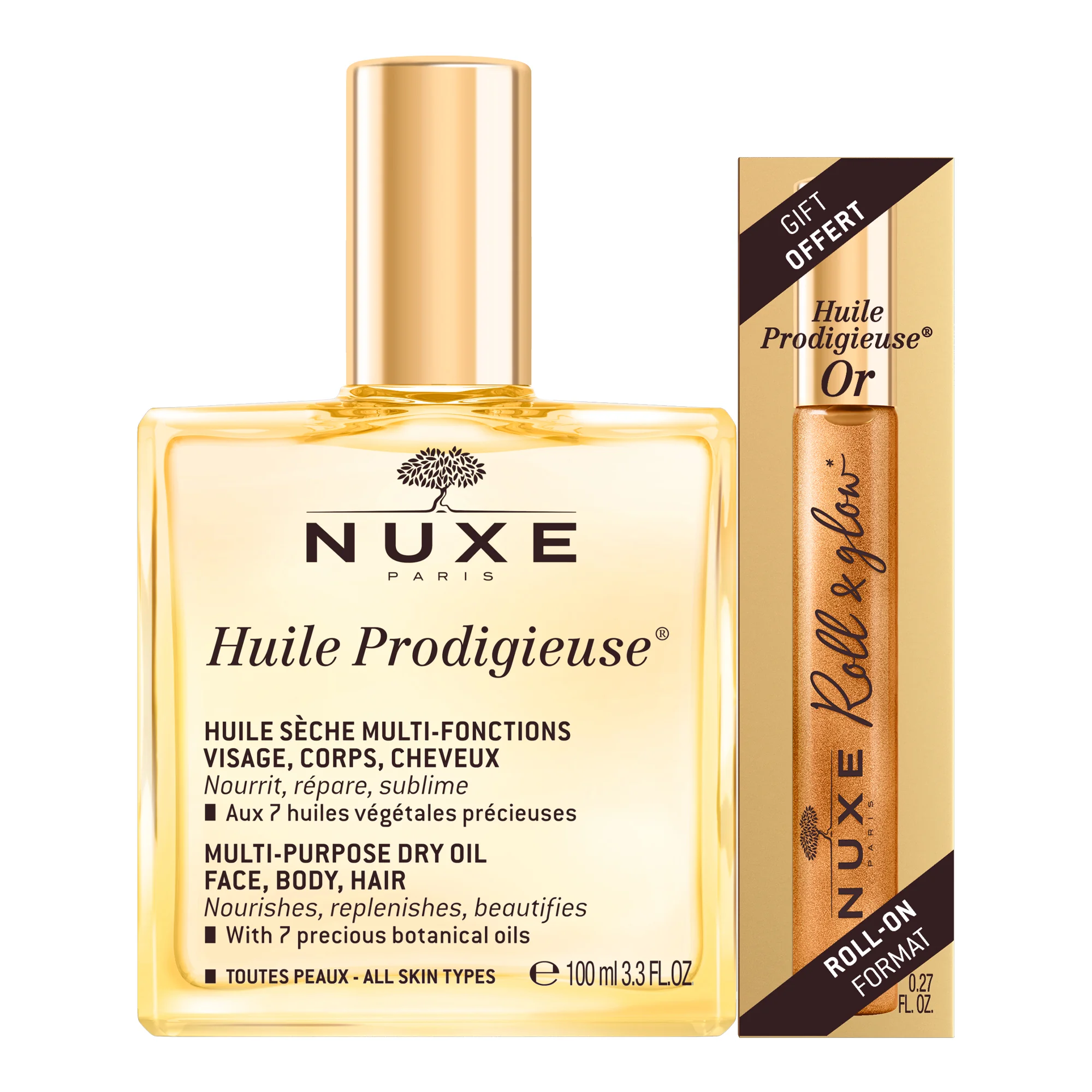 Nuxe Huile Prodigieuse suchy olejek pielęgnacyjny, 100 ml + suchy olejek pielęgnacyjny ze złotymi drobinkami, 8 ml