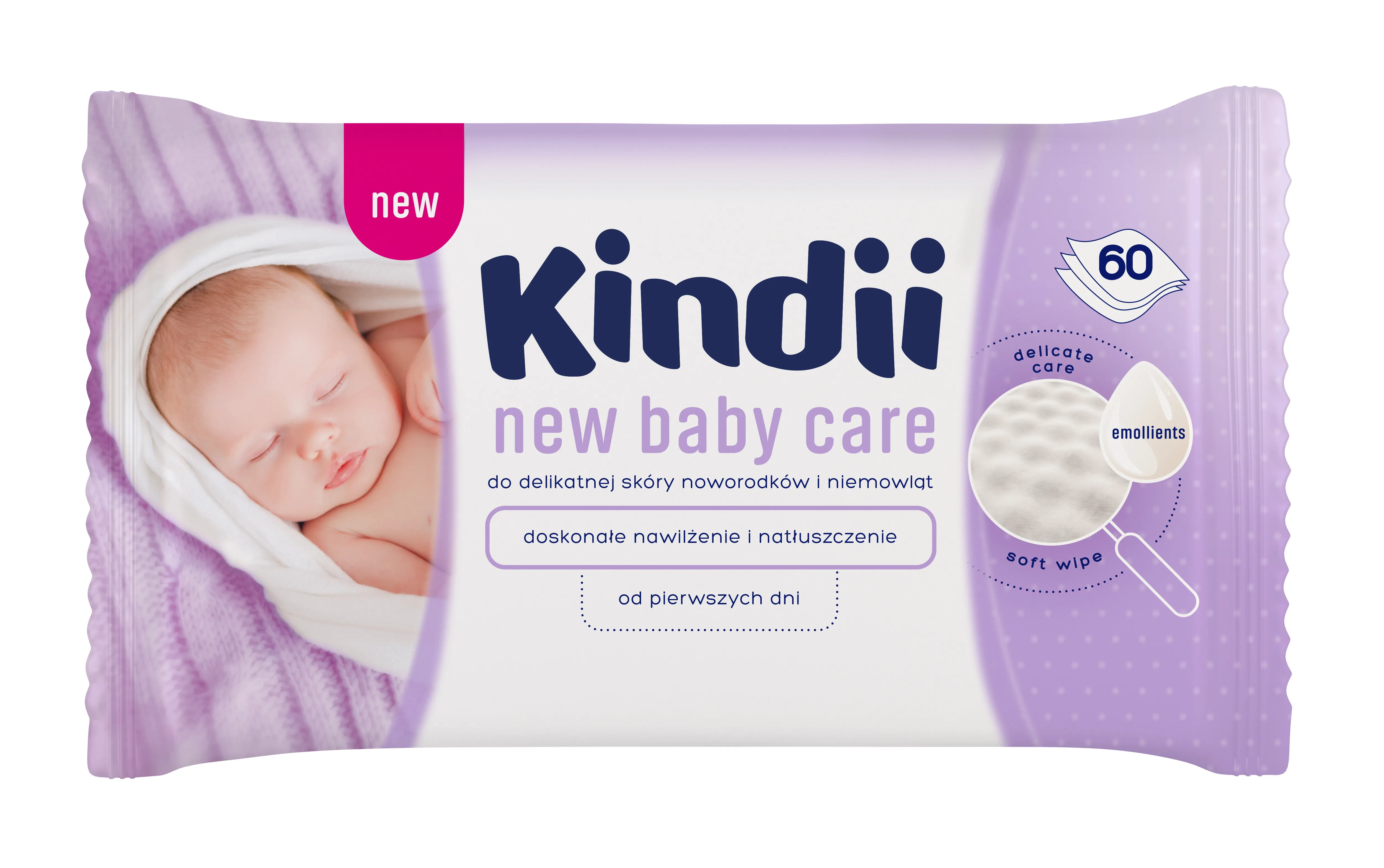 Kindii New Baby Care, chusteczki dla niemowląt do skóry delikatnej, 60 sztuk