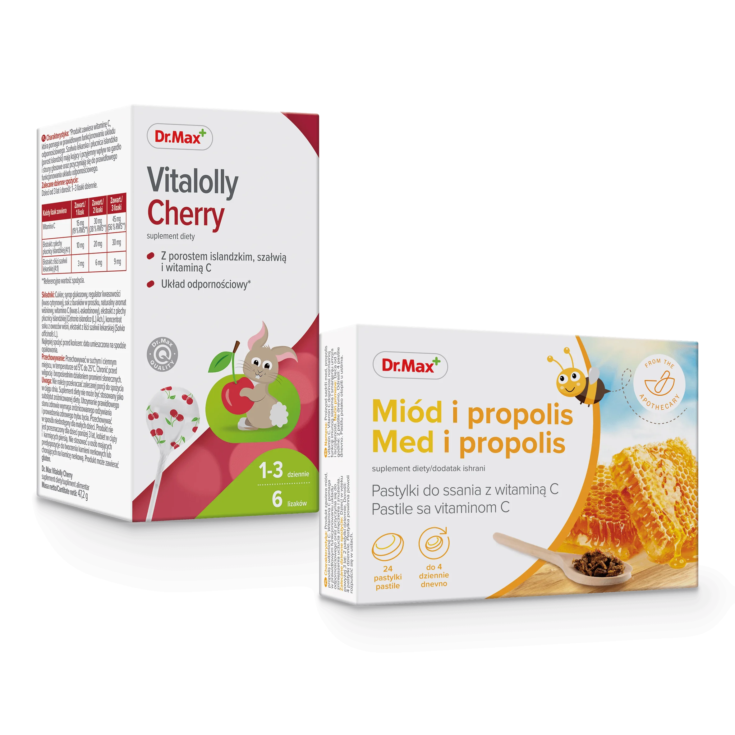 Komplet troski o gardło dziecka Miód i propolis Dr. Max 24 pastylki do ssania + Vitalolly Cherry Dr. Max 6 sztuk