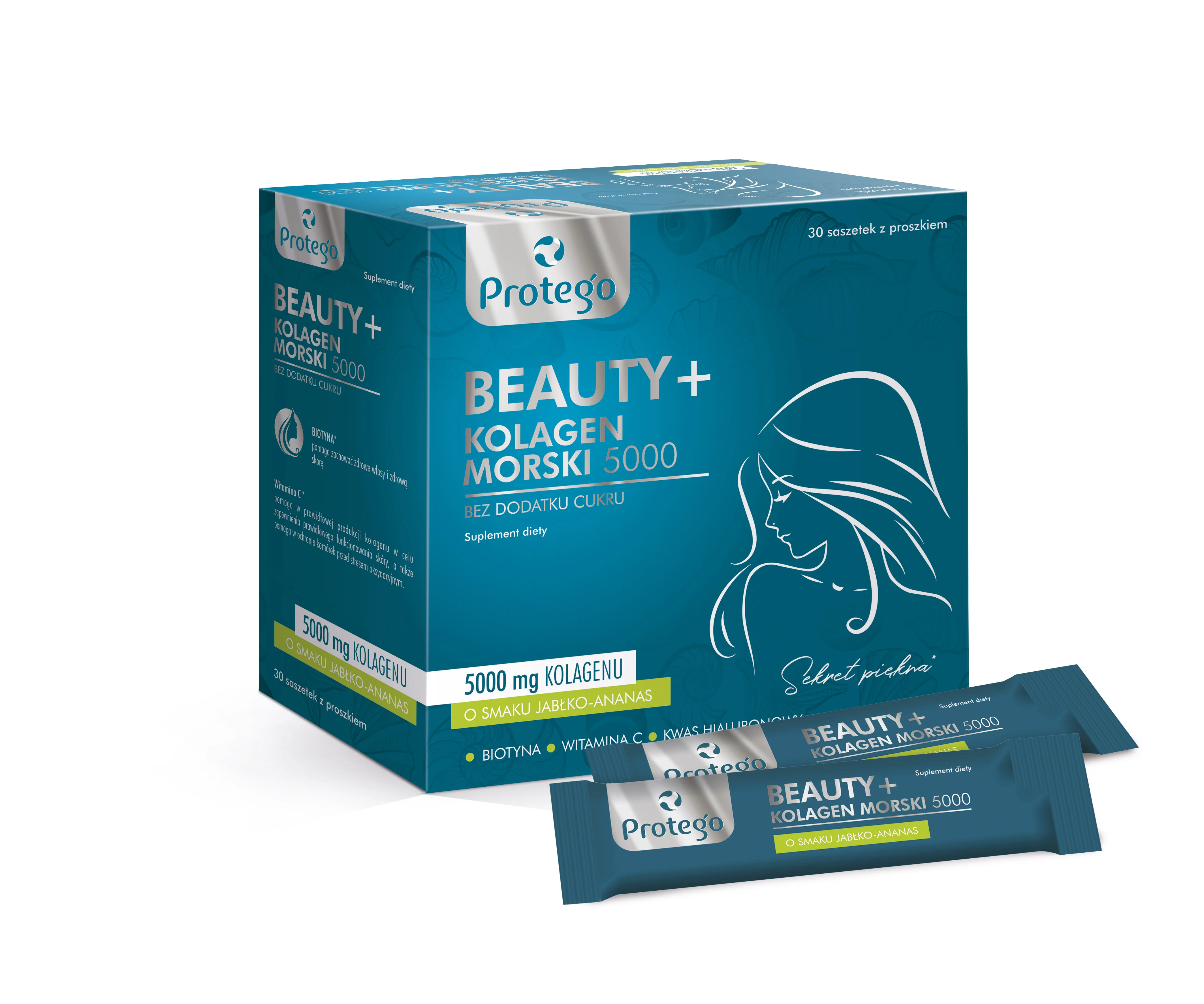 Protego Beauty+ Kolagen Morski 5000 o smaku jabłko-ananas, 30 saszetek