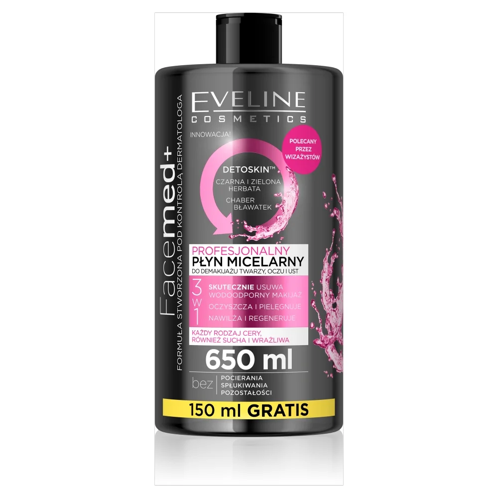 Eveline Cosmetics Facemed+ profesjonalny płyn micelarny do demakijażu twarzy, oczu i ust, 650 ml