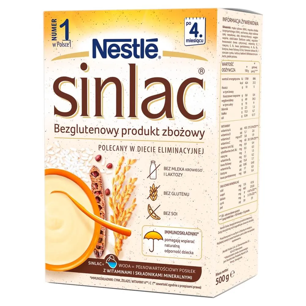 Nestle Sinlac. bezglutenowa kaszka dla dzieci bez laktozy i soi po 4 miesiącu życia, 500 g 