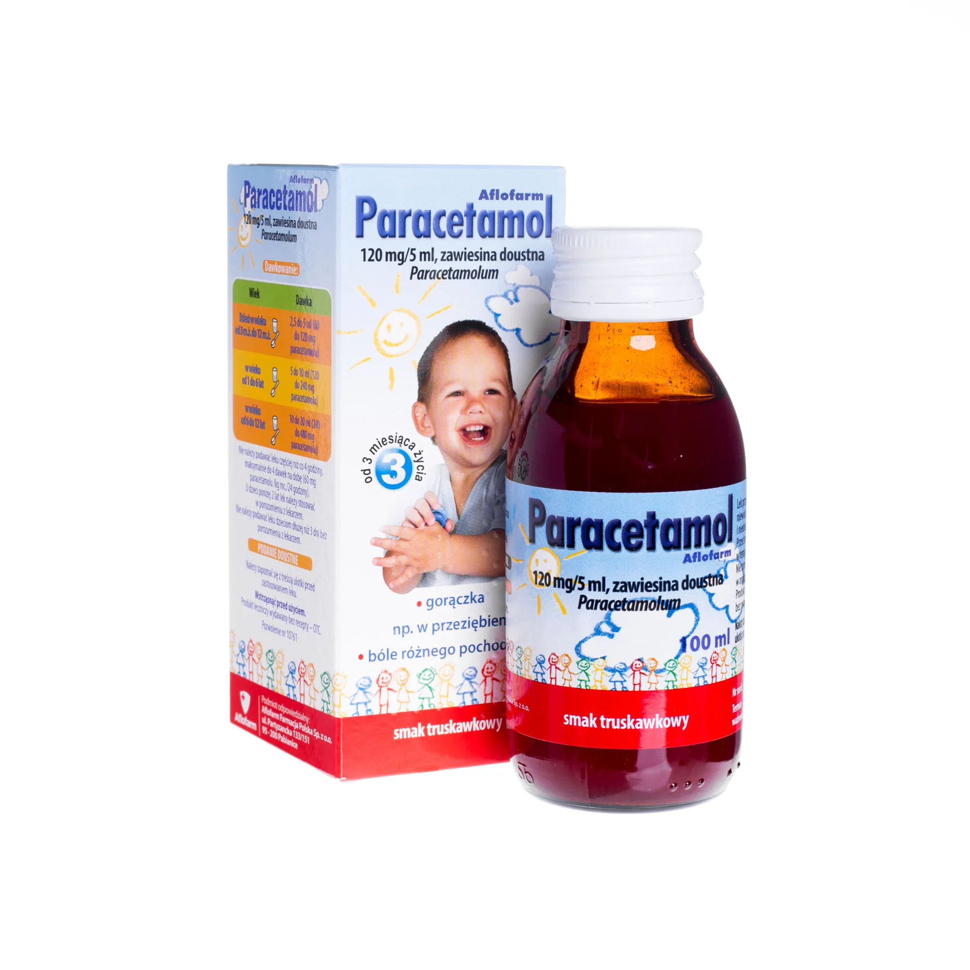 Paracetamol 120 mg/5 ml, smak truskawkowy, od 3 miesiaca życia, 100 ml