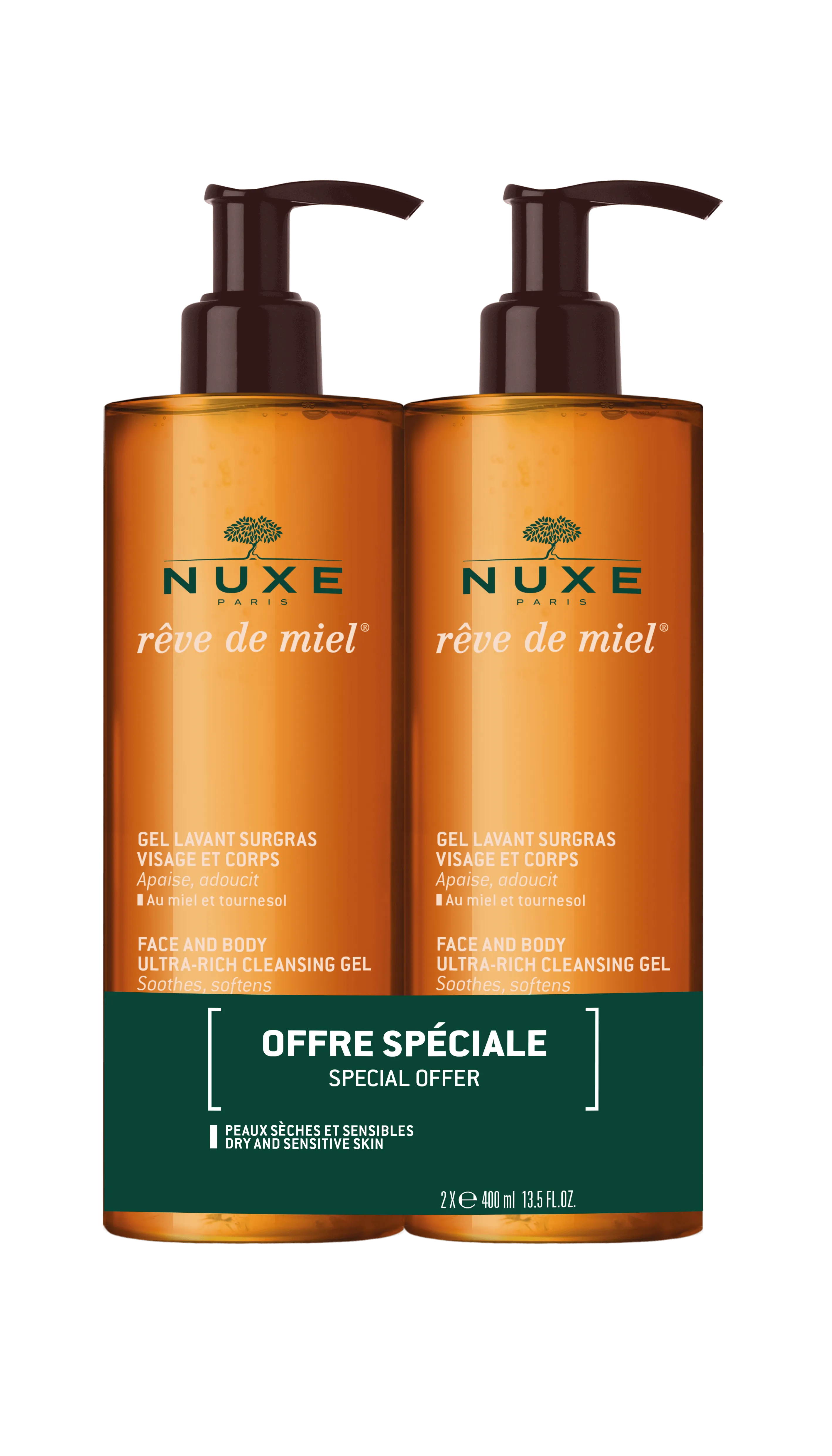 Nuxe Reve de Miel, ultrabogaty żel do mycia twarzy i ciała, 2 x 400 ml