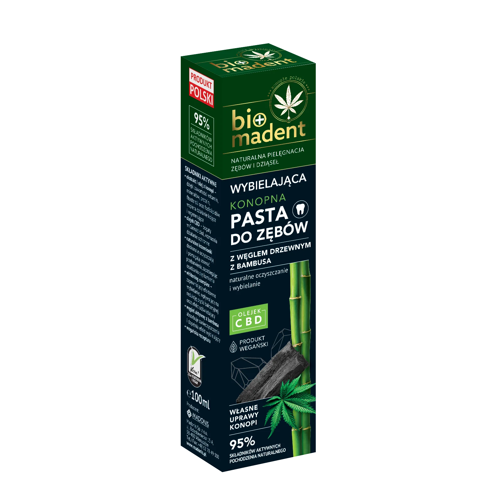 BIO MADENT wybielająca konopna pasta do zębów z węglem drzewnym z bambusa i olejkiem CBD, 100 ml
