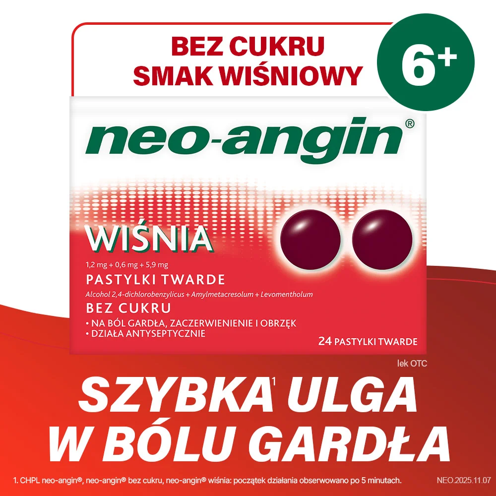 Neo-Angin Wiśnia, 1,2 mg + 0,6 mg + 5,9 mg 24 pastylki twarde