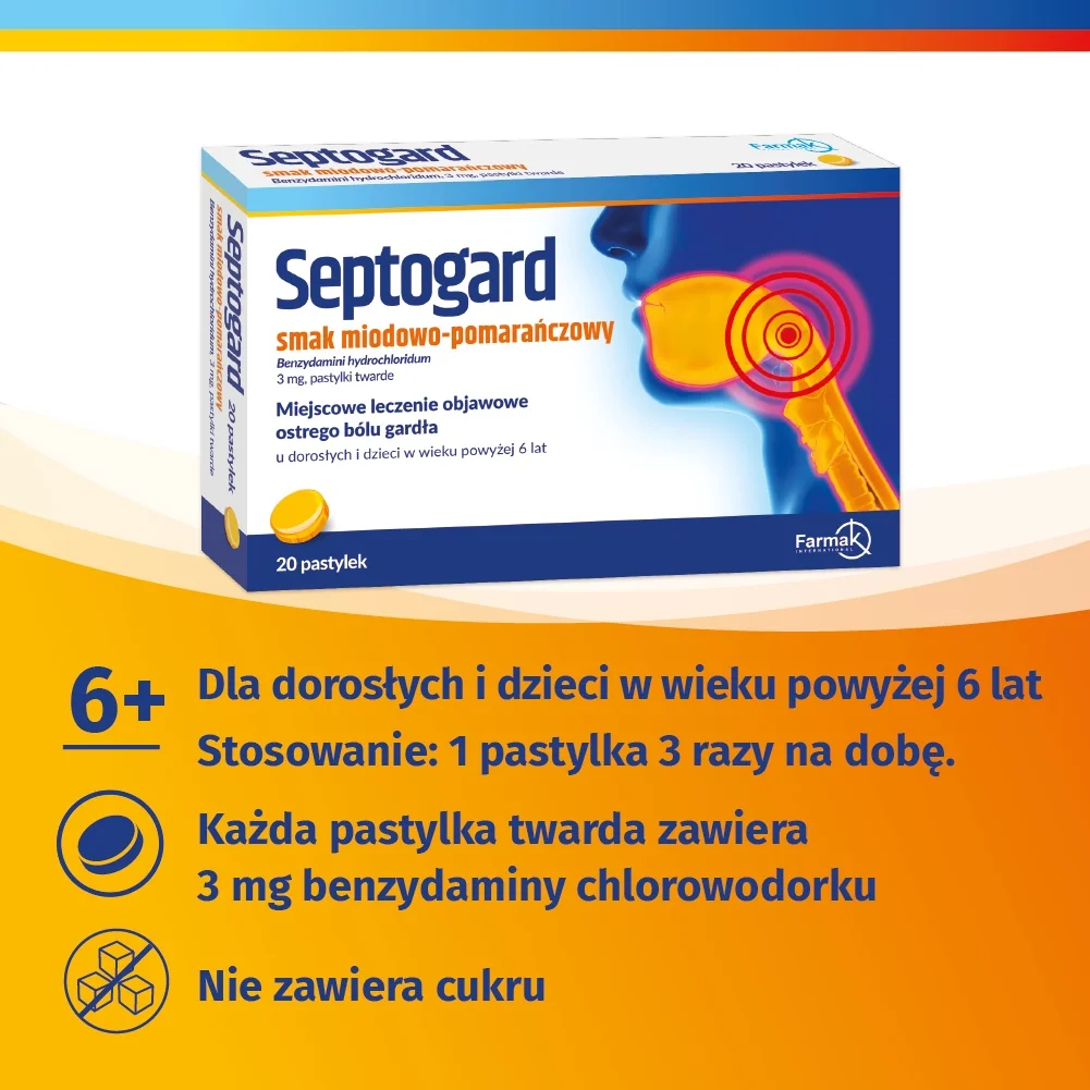 Septogard 20 pastylek, smak miodowo-pomarańczowy