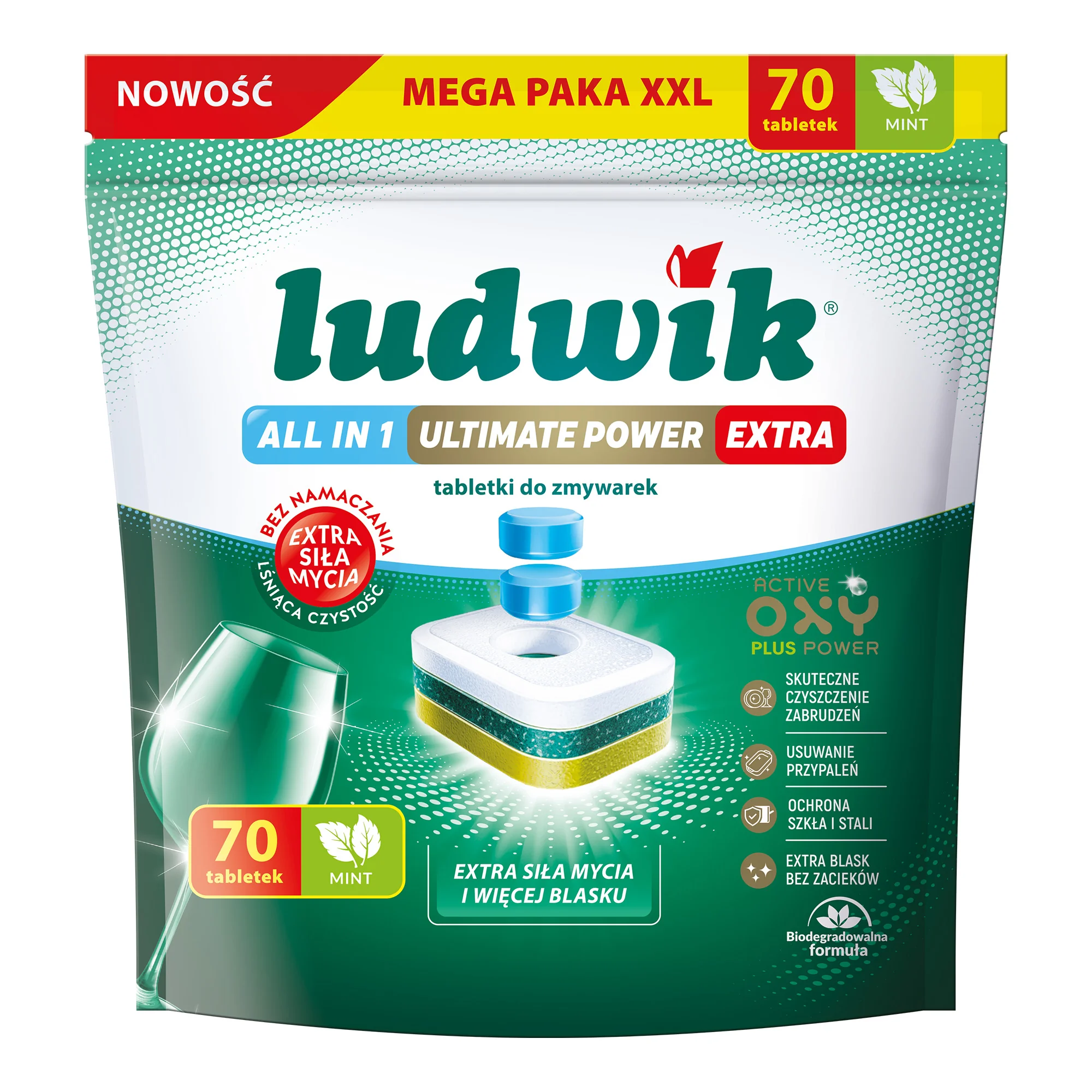 Ludwik All in 1 Ultimate Power Extra tabletki do zmywarek, mint, 70 sztuk
