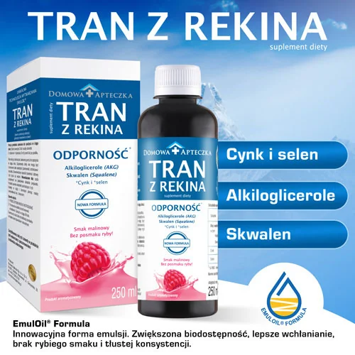 Tran z Rekina suplement diety, smak malinowy, 250 ml