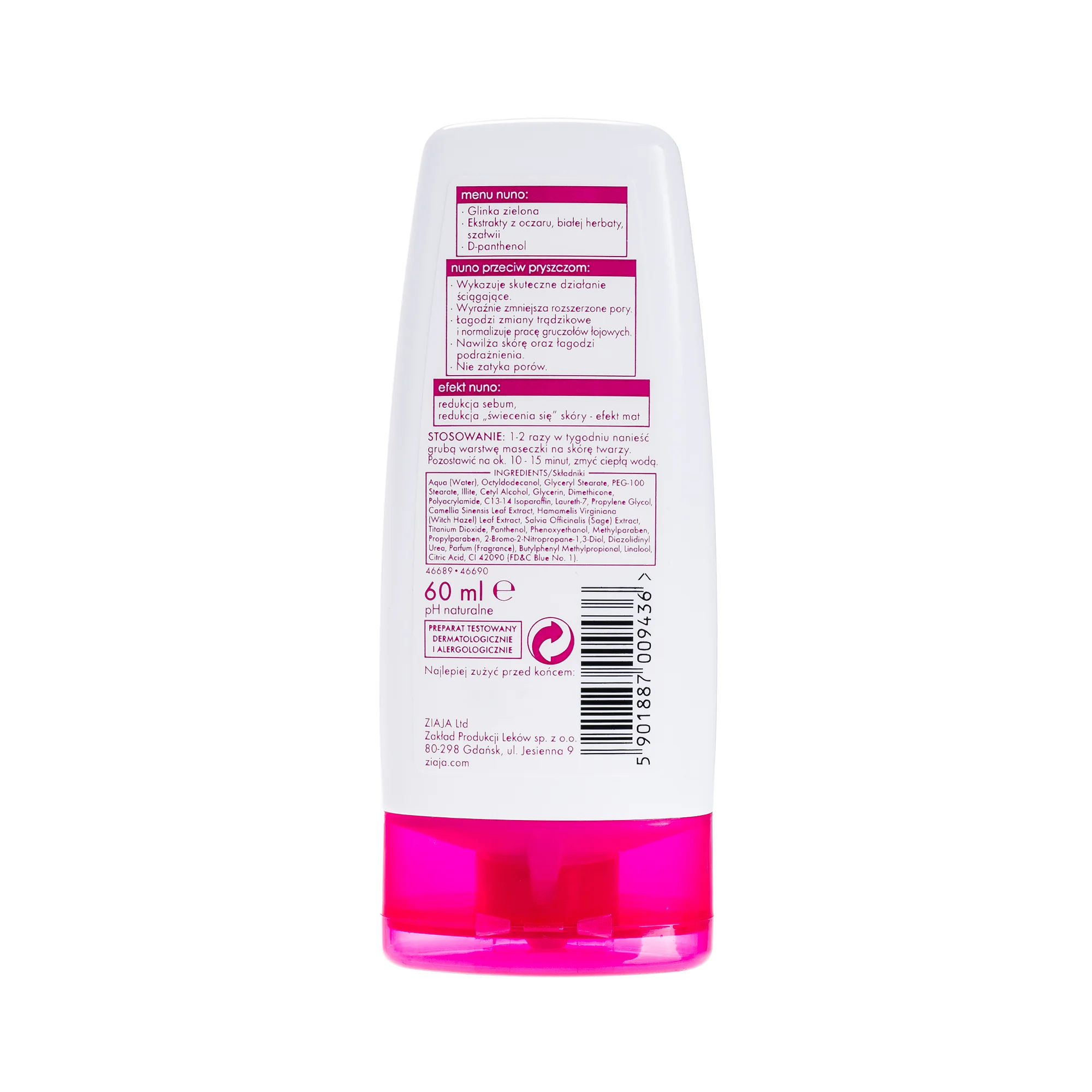 Ziaja Nuno, maska z zieloną glinką, cera zanieczyszczona, 60 ml