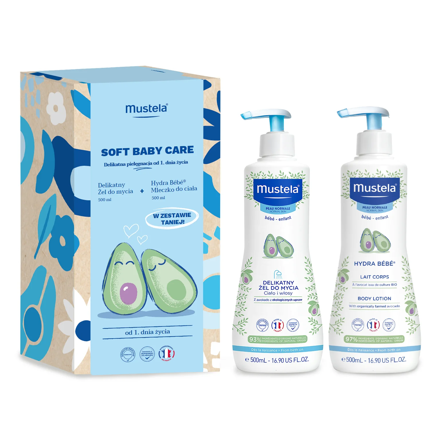 Mustela Soft Baby Care Zestaw żel do mycia, 500 ml + mleczko, 500 ml