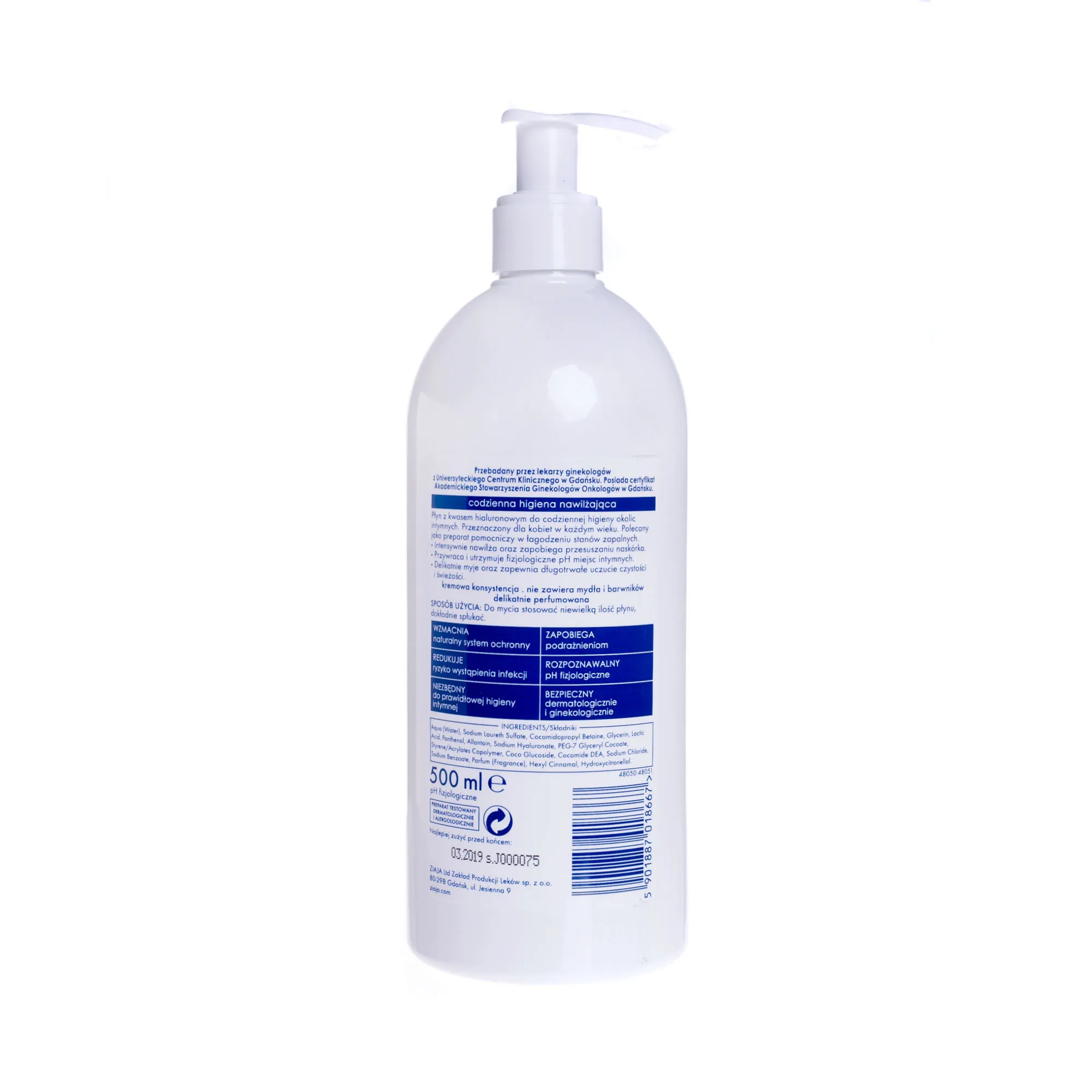 Ziaja Intima kremowy płyn do higieny intymnej z kwasem hialuronowym, 500 ml