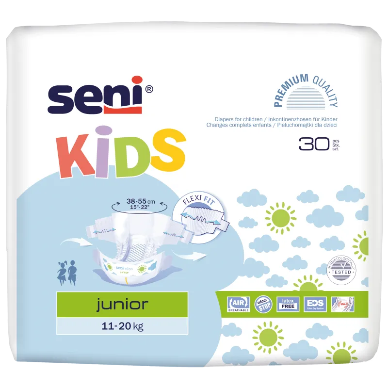 Seni Kids Junior. 12-25 kg, pieluchomajtki zapinane na rzepy dla dzieci, 30 sztuk