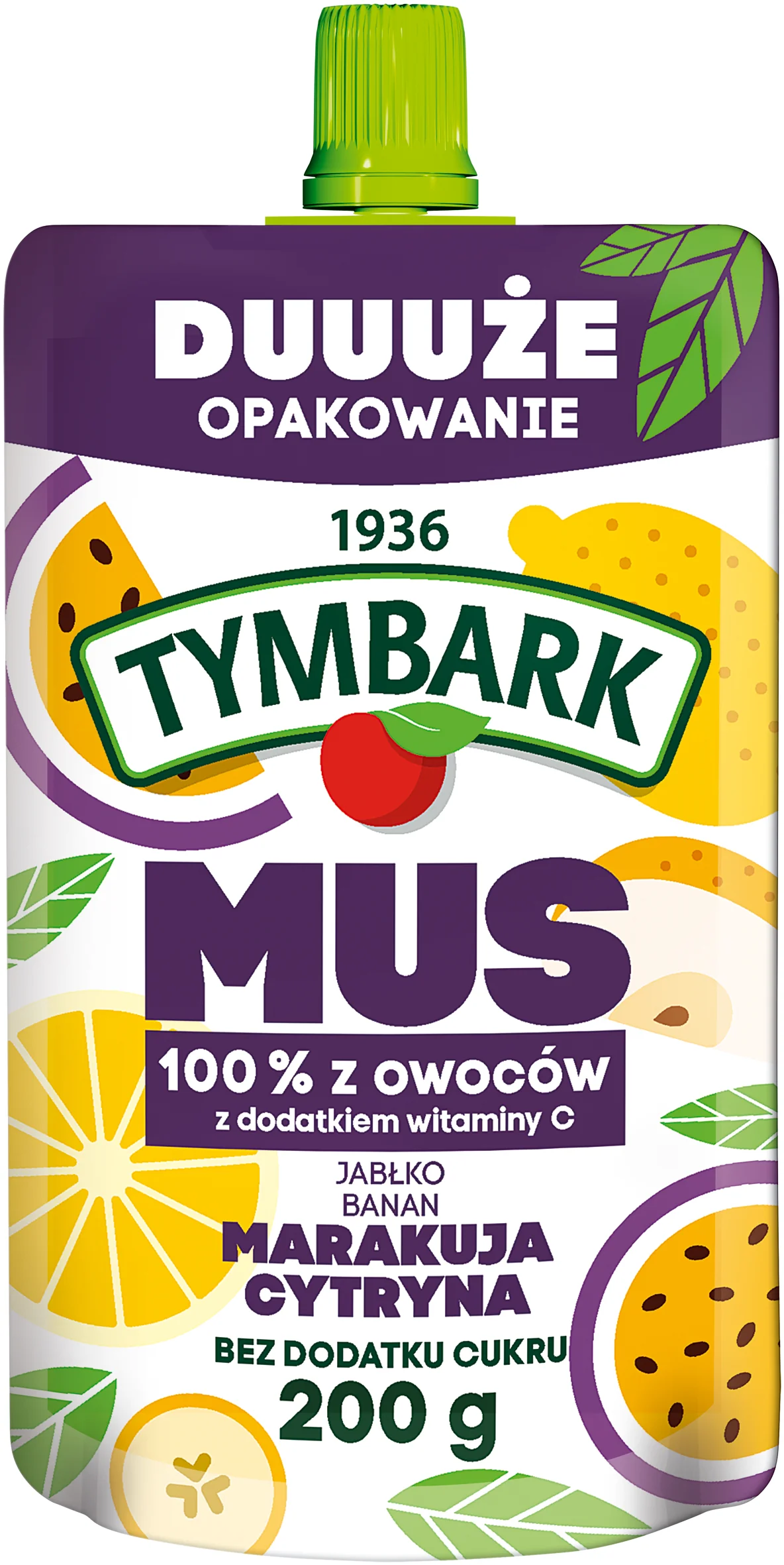 Tymbark mus 100% z owoców mus jabłko, banan, marakuja, cytryna XXL, 200