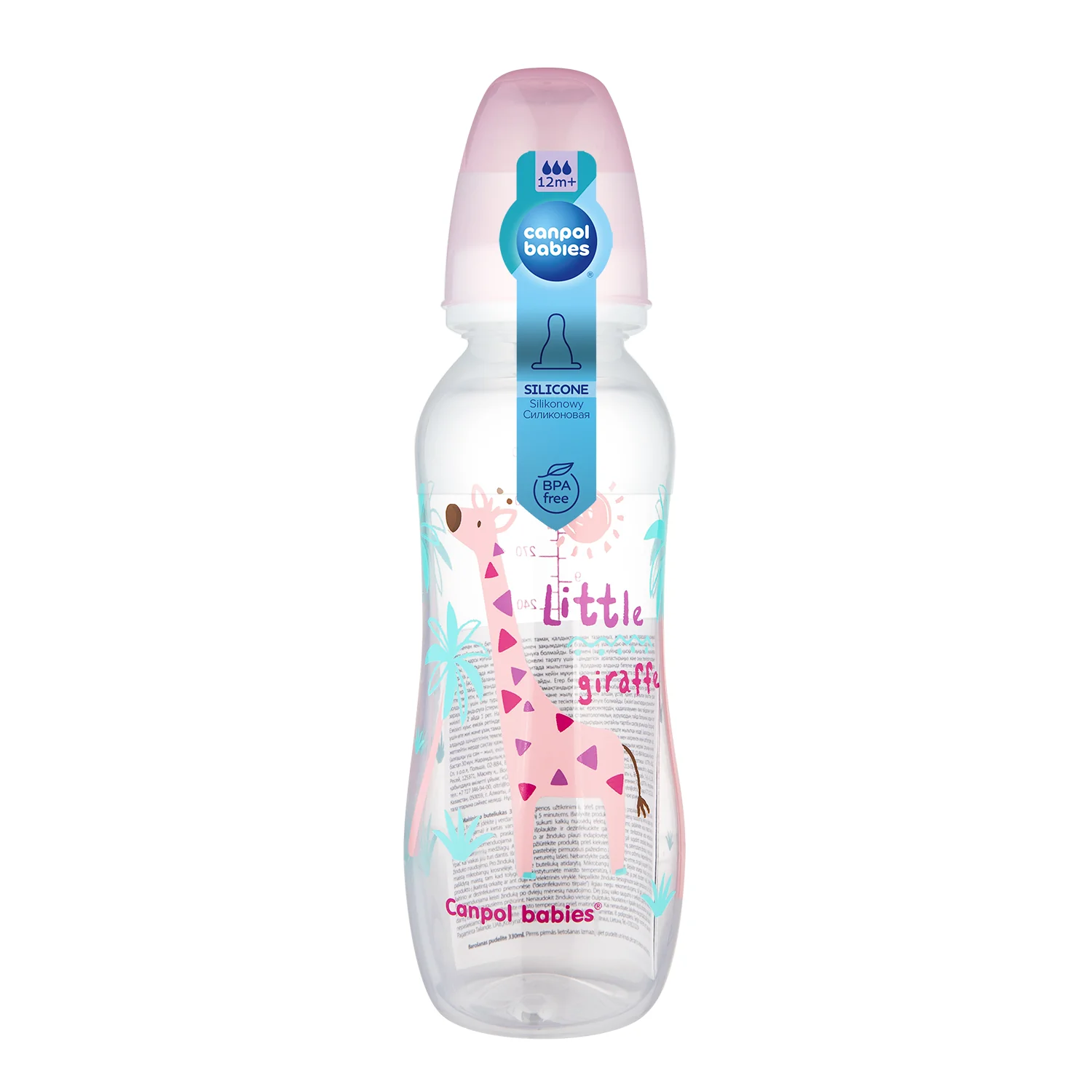 Canpol Babies Africa Little Giraffe różowa wąska butelka 330 ml, 1 sztuka