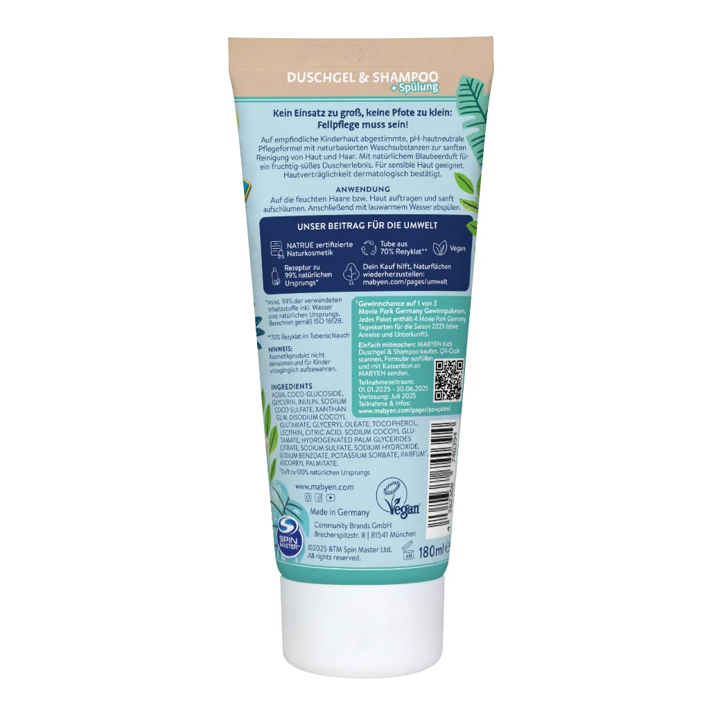 MABYEN Psi Patrol 3w1 żel pod prysznic, szampon i odżywka dla dzieci, jagoda, 180 ml