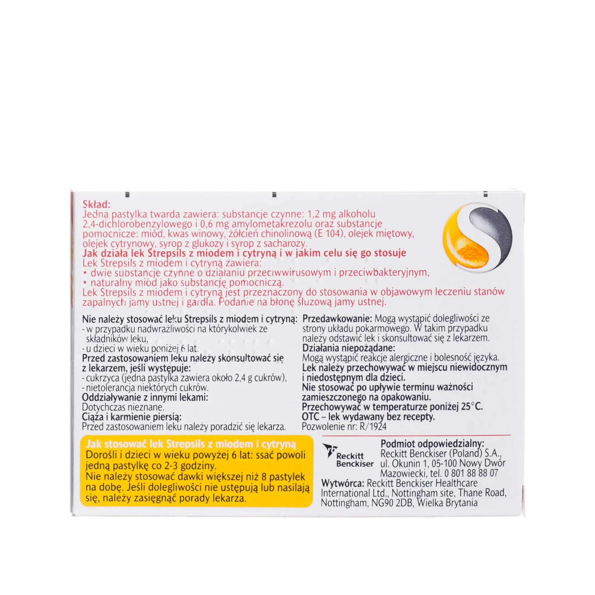 Strepsils z miodem i cytryną, 1,2 mg + 0,6 mg, 36 pastylek twardych 