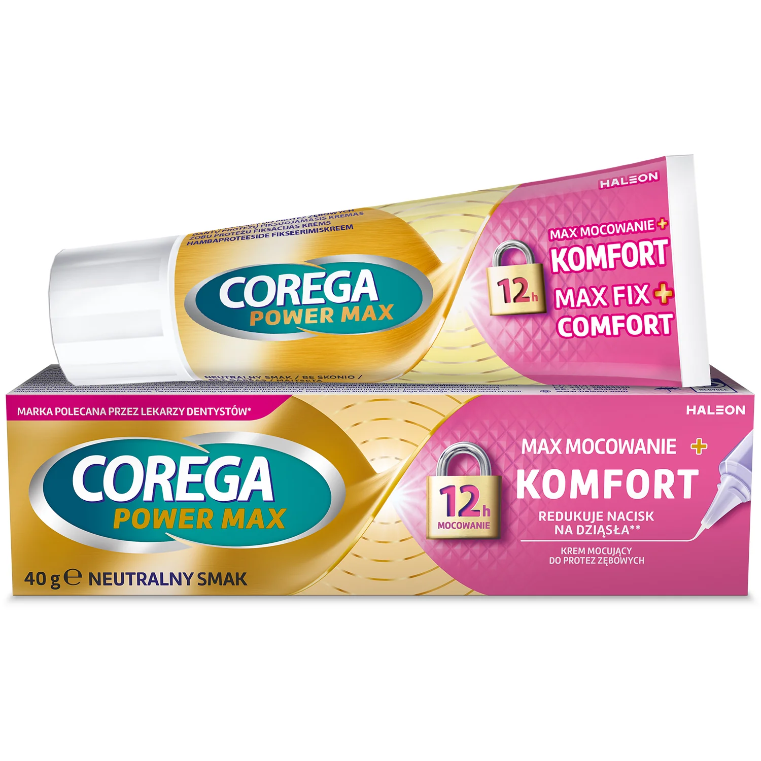 Corega Power Max Mocowanie + Komfort krem mocujący do protez zębowych, smak neutralny, 40 g