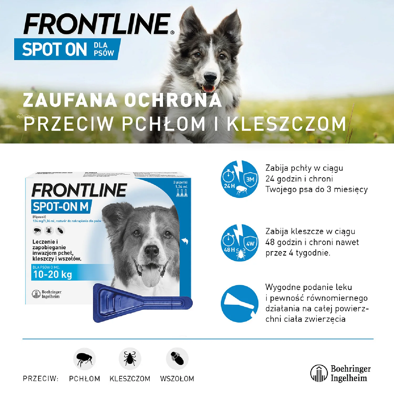 Frontline Spot-on M 134 mg/1,34 ml, roztwór do nakrapiania dla psów 10-20 kg, 3 x 1,34 ml