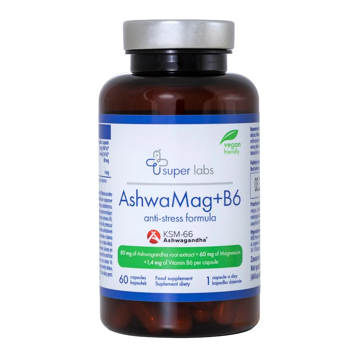 Super Labs AshwaMag+B6 anti-stress formula, suplement diety, 60 kapsułek