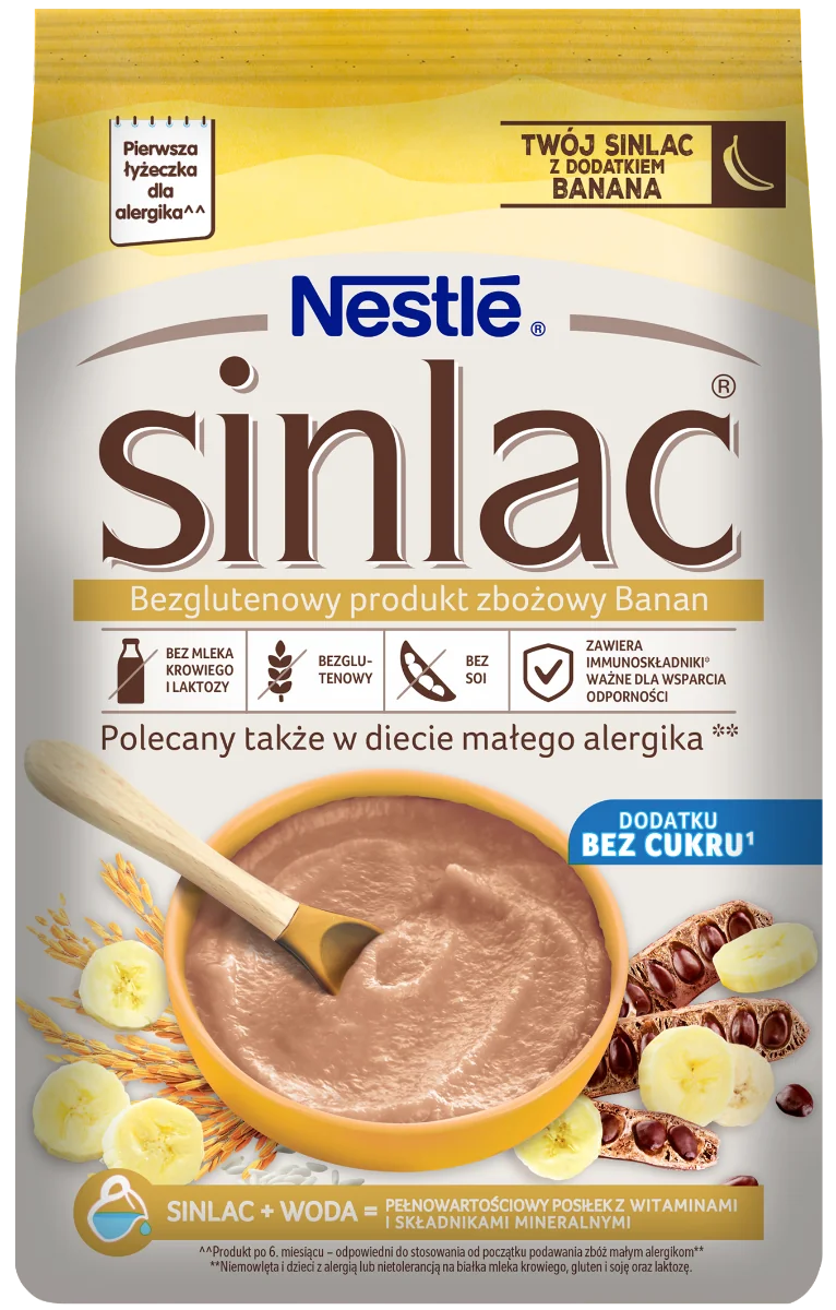Nestle Sinlac bezglutenowy produkt zbożowy banan, po 6 miesiącu, 300 g