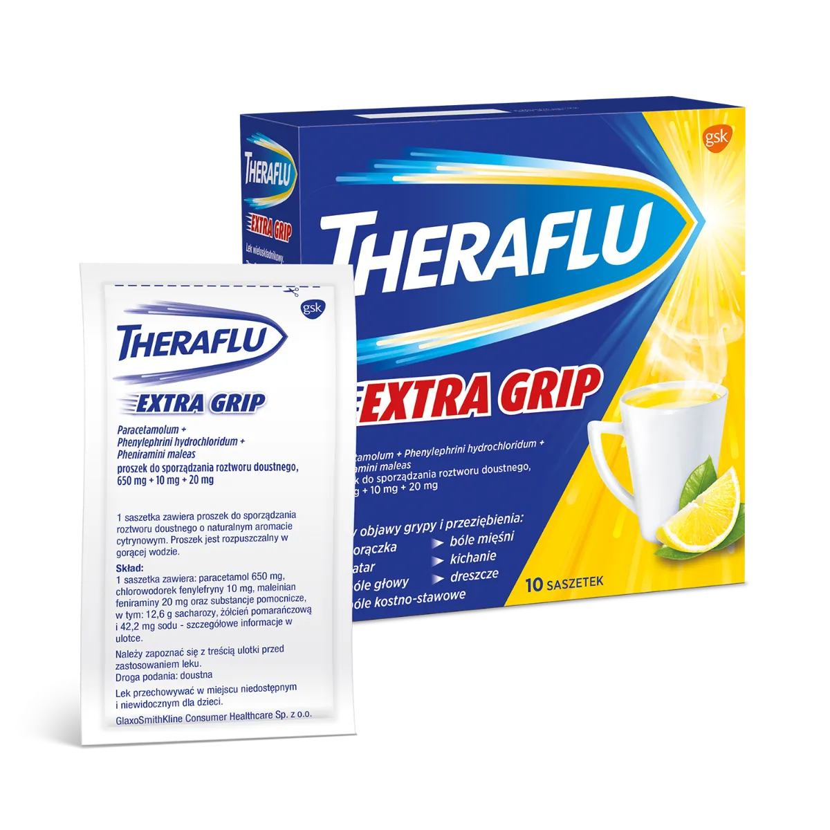 Theraflu Extra Grip, 650 mg + 10 mg + 20 mg, 10 saszetek 