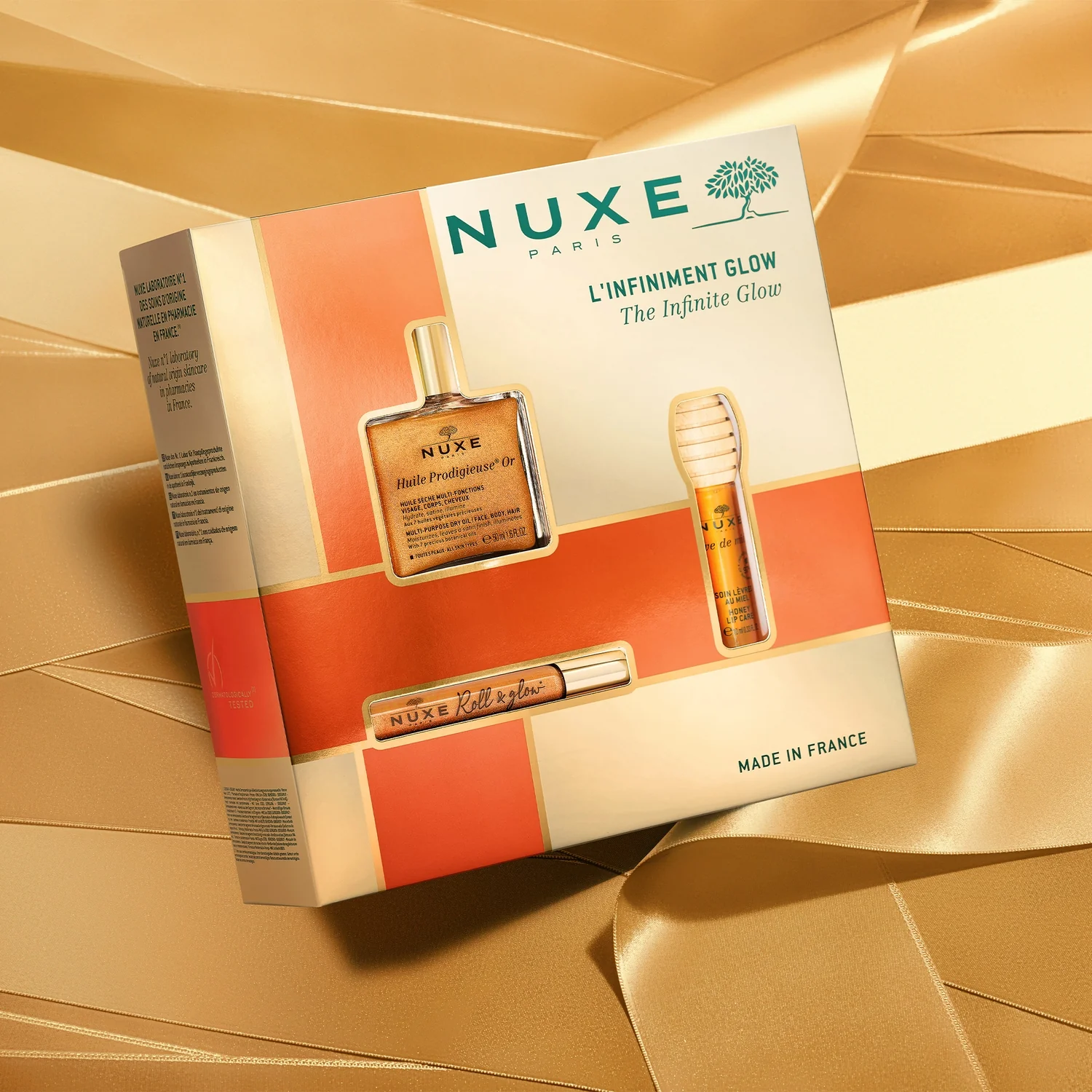 Nuxe The Infinite Glow Huile Prodigieuse Or suchy olejek roll-on, 8 ml + suchy olejek pielęgnacyjny o wielu zastosowaniach ze złotymi drobinkami, 50 ml + Rêve de Miel® Miodowy olejek do ust, 10 ml