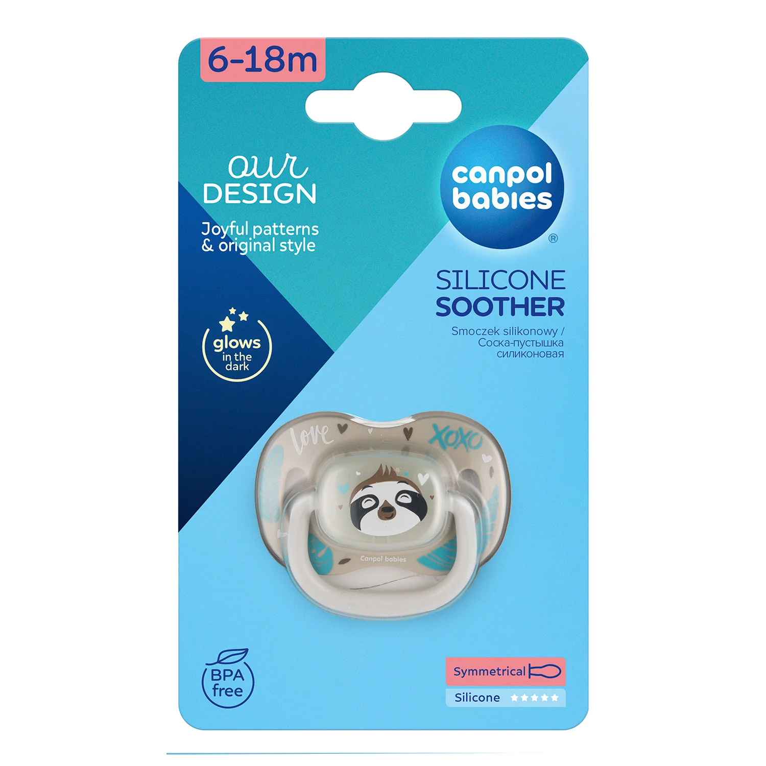 Canpol Babies ourDESIGN Smoczek silikonowy 6-18m symetryczny LENIWIEC, 1 sztuka