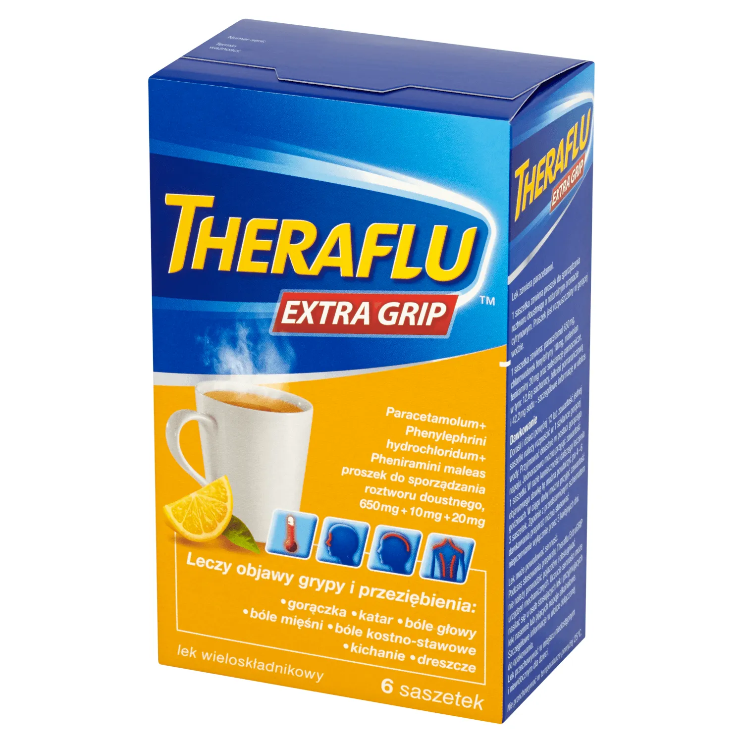 Theraflu Extra Grip 650 mg+ 10 mg+ 20 mg, lek wieloskładnikowy, 6 saszetek 