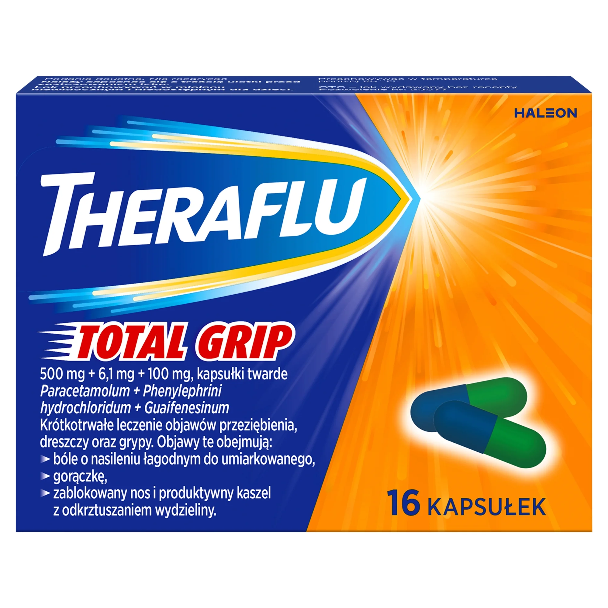 Theraflu Total Grip 500 mg + 6,1 mg + 100 mg 16 kapsułek