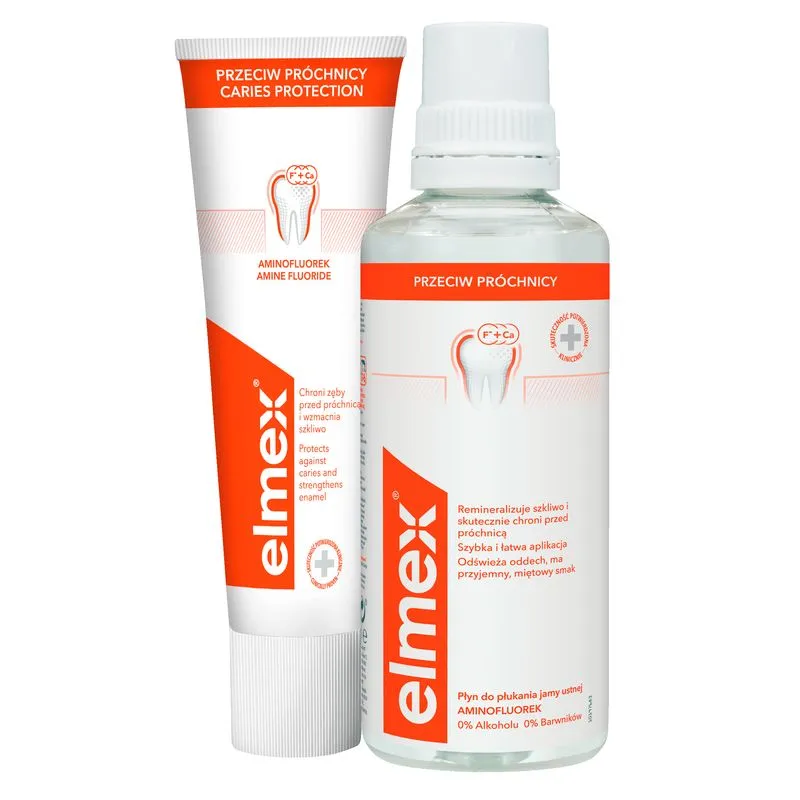 elmex zestaw przeciwpróchnicowy płyn do płukania jamy ustnej + pasta do zębów, 400 ml + 75 ml