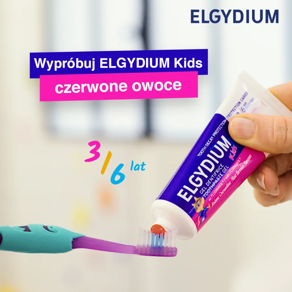 Elgydium Kids przeciwpróchnicowa pasta do zębów dla dzieci 3-6 lat, smak czerwonych owoców, 50 ml