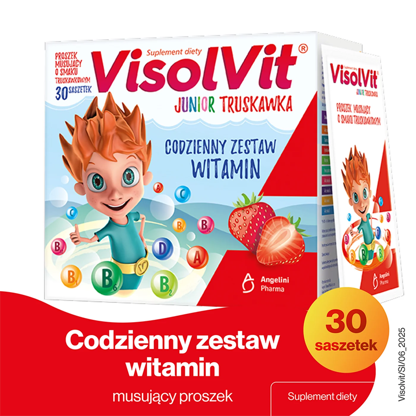 Visolvit Junior 30 saszetek z proszkiem musującym o smaku truskawkowym