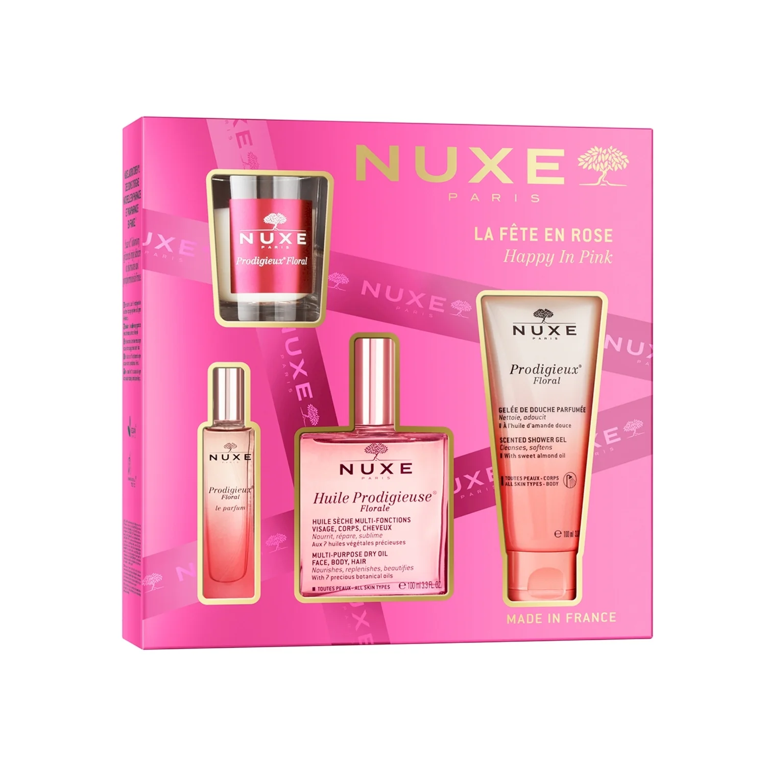 Nuxe zestaw The Legendary Glow in Pink Huile Prodigieuse® Florale, 50 ml + Prodigieux® Floral żel pod prysznic, 100 ml + Prodigieux® Floral perfumy, 15 ml + świeca zapachowa, 70 g
