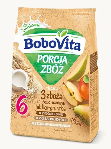 BoboVita Porcja Zbóż, kaszka mleczna 3 zboża zbożowo-owsiana jabłko-gruszka po 6 miesiącu, 210 g Porcja Zbóż mleczna 3 zboża zbożowo-owsiana jabłko-gruszka, 210 g