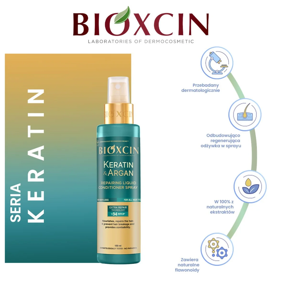 Bioxcin Keratin & Argan regenerująca odżywka w sprayu, 150 ml
