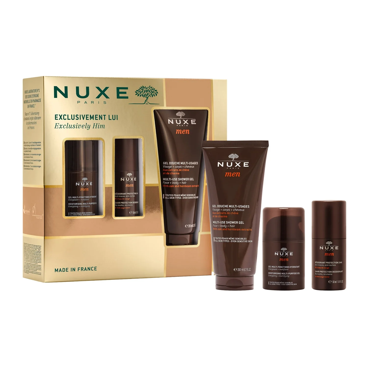 Nuxe Men wielofunkcyjny żel nawilżający do twarzy, 50 ml + dezodorant roll-on 24-godzinna ochrona, 50 ml + wielofunkcyjny żel pod prysznic, 200 ml