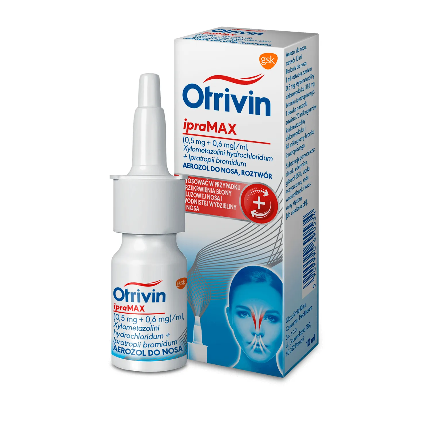 Otrivin ipra Max(0,5 mg + 0,6 mg)/ml - Aerozol do nosa stosowany w przypadku przekrwienia błony śluzowej nosa, 10 ml 