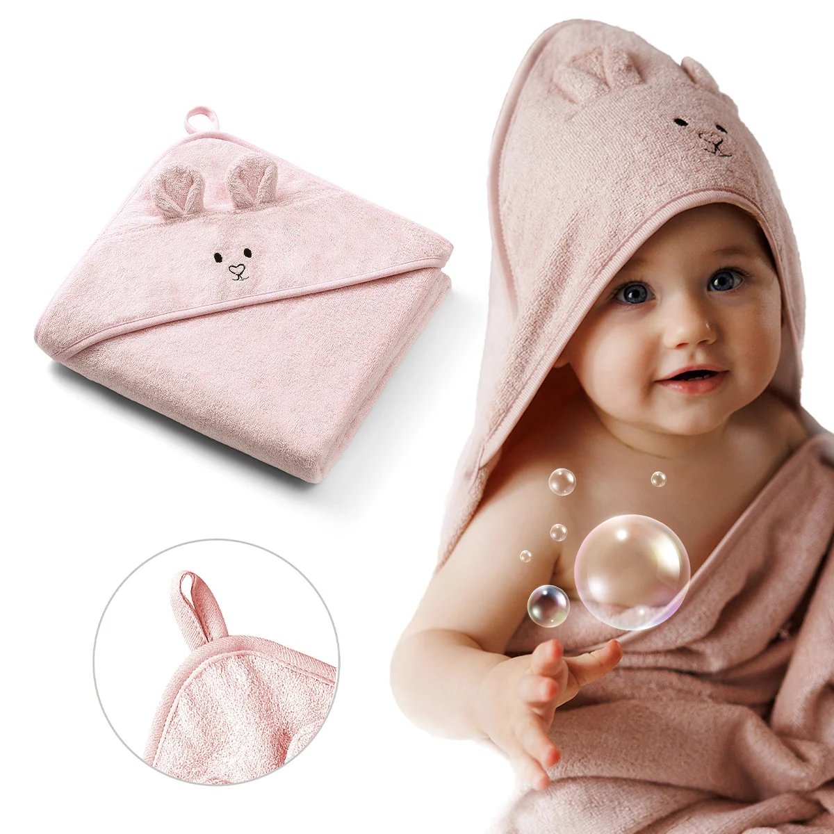 Babyono okrycie kąpielowe bambusowe z kapturkiem 100x100cm różowe, 1 sztuka