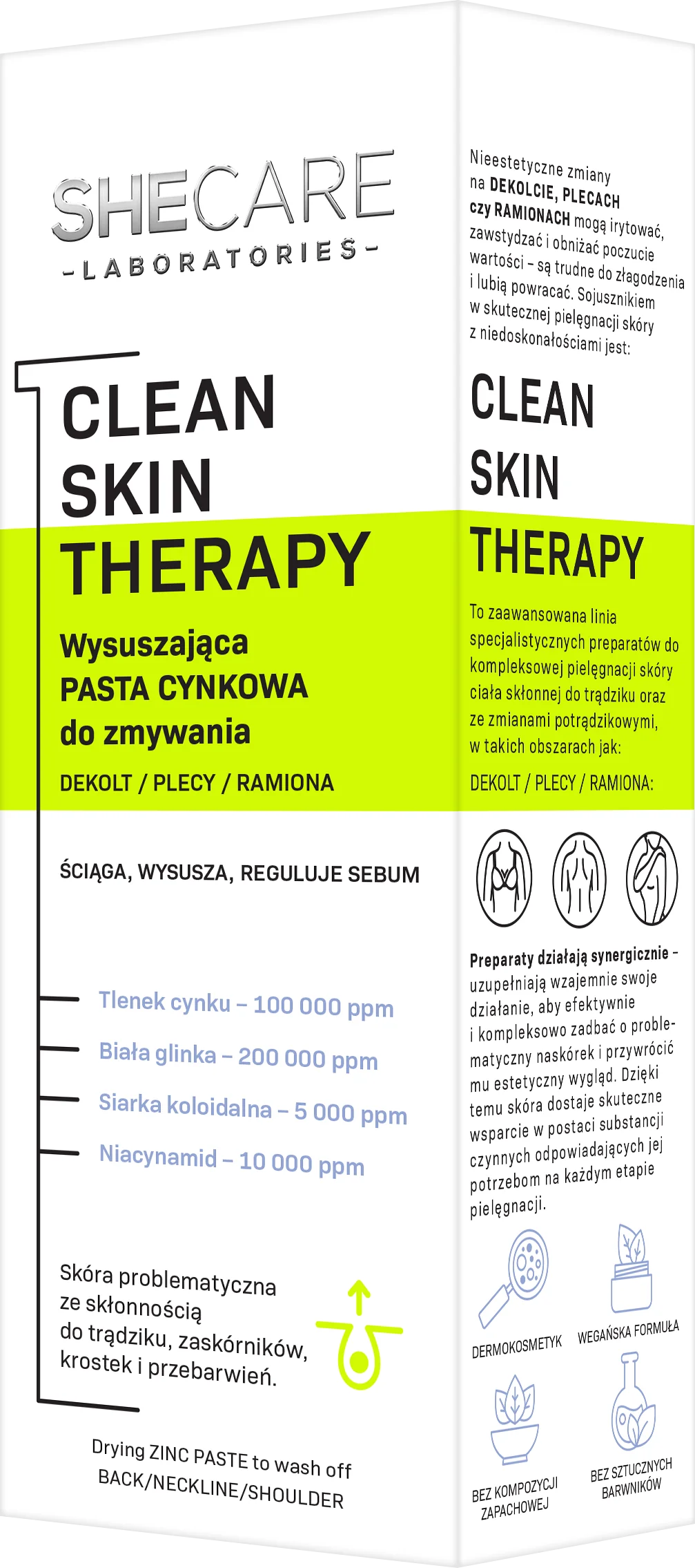 SheCare Clean Skin Therapy wysuszająca pasta cynkowa do zmywania – dekolt, plecy, ramiona, 90 g