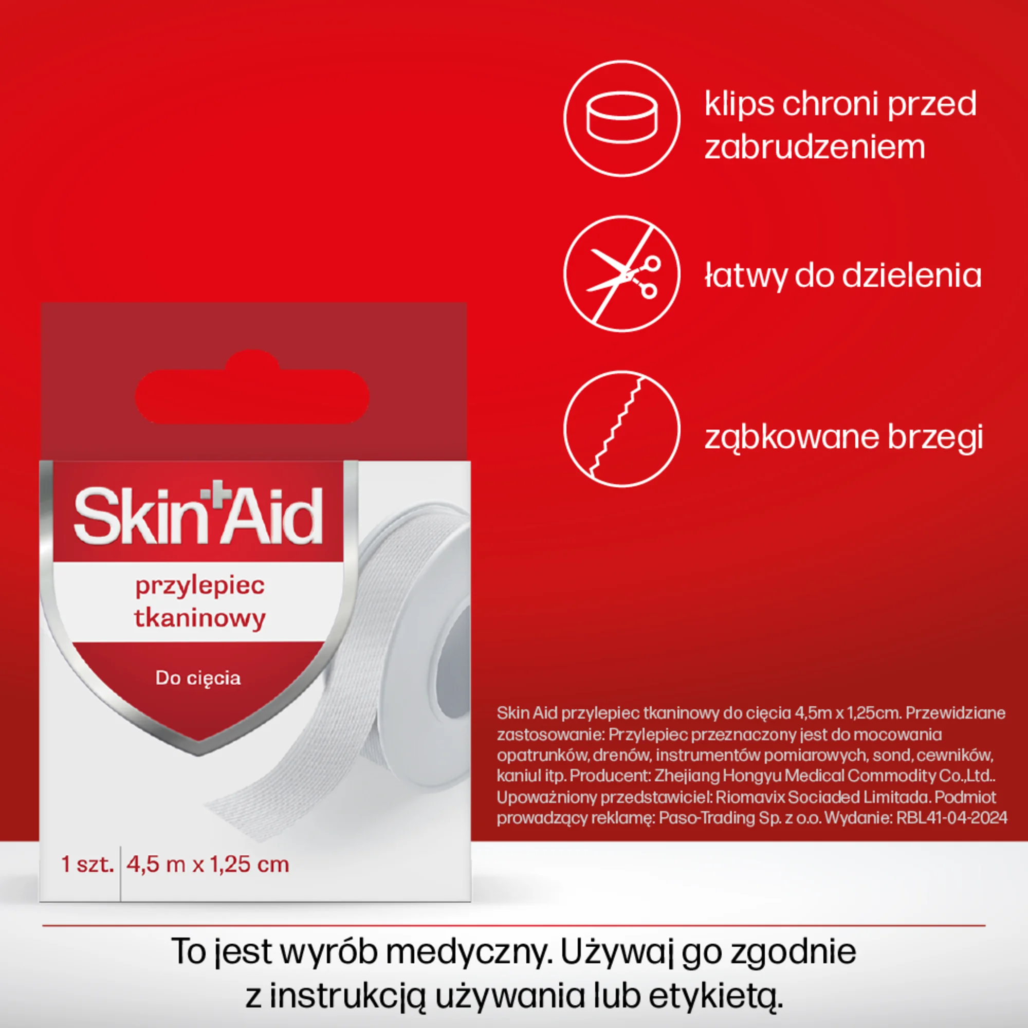 Skin Aid Przylepiec tkaninowy 4,5 m x 1,25 cm, 1 sztuka