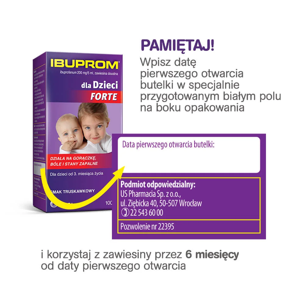 Ibuprom Forte 0,2 g/5 ml zawiesina doustna dla dzieci, smak truskawkowy, 100 ml