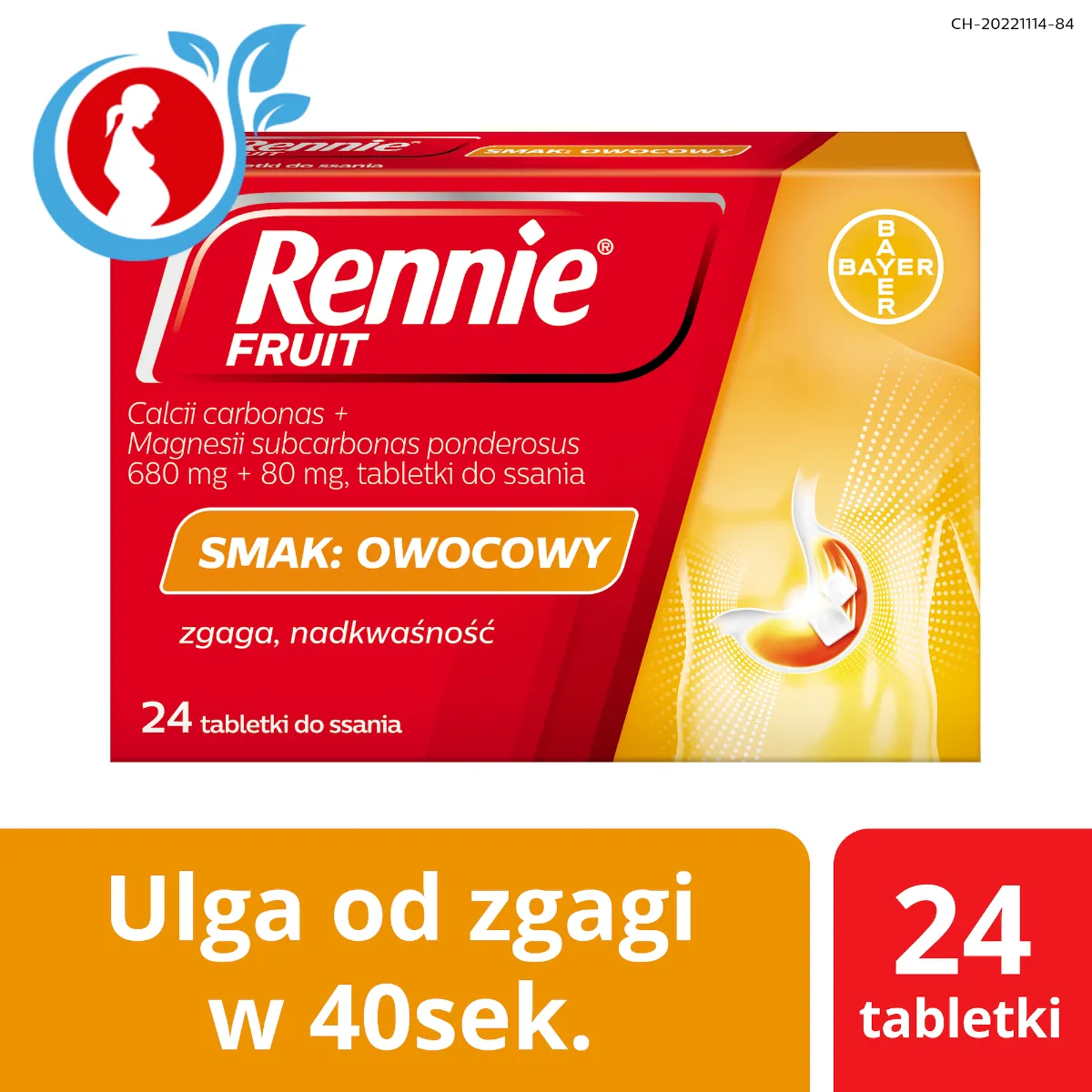 Rennie Fruit, 680 mg + 80 mg, smak owocowy, 24 tabletki do ssania 