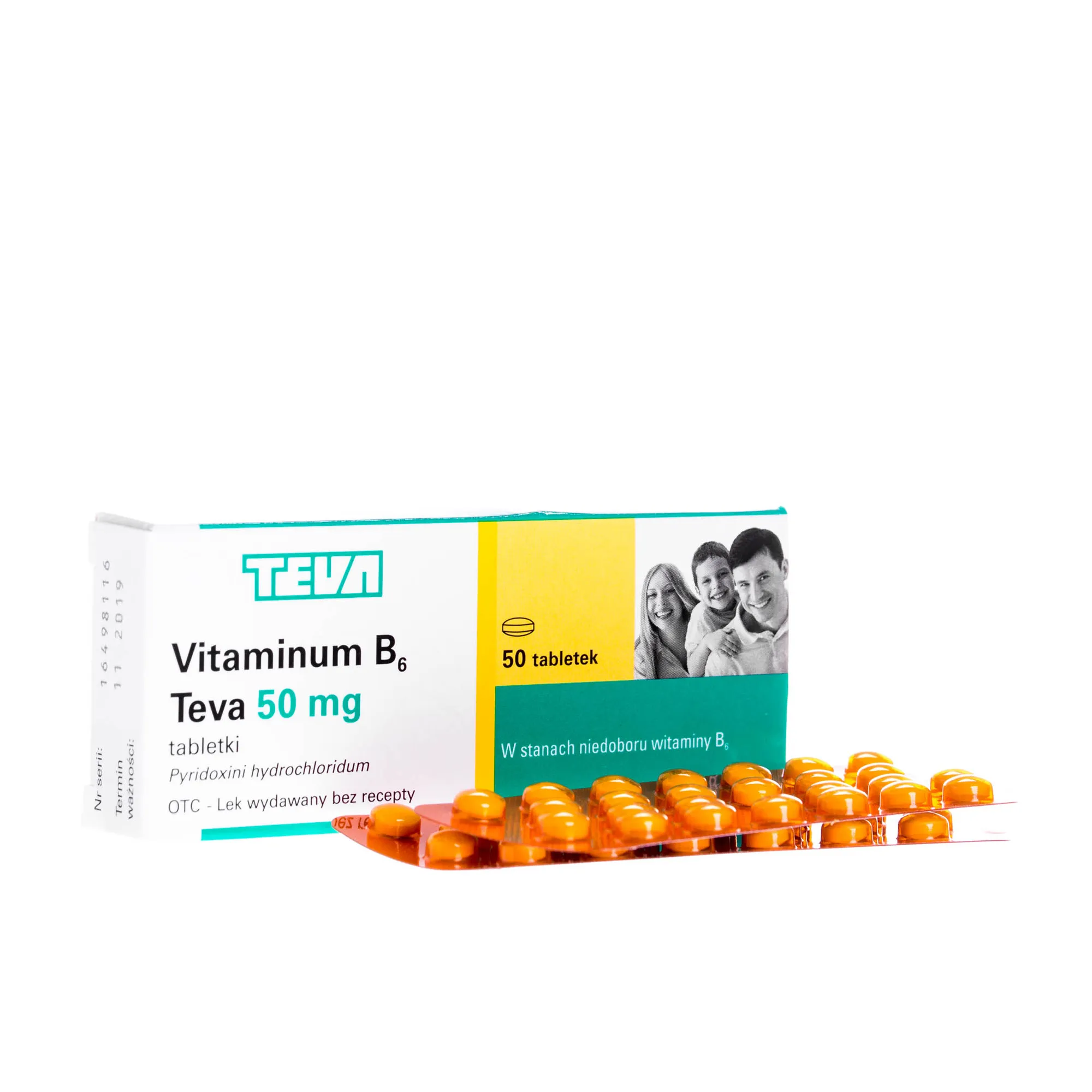 Vitaminum B6 Teva, tabletki stosowane w celu uzupełnienia niedoboru witaminy B6, 50 tabletek