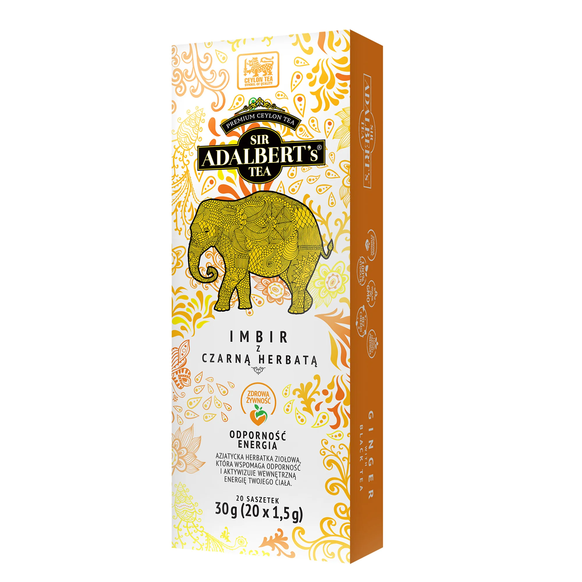 Sir Adalbert's Tea ziołowa herbata w saszetkach Imbir z czarną herbatą ENERGIA OCZYSZCZENIE, 20 x 1,5 g